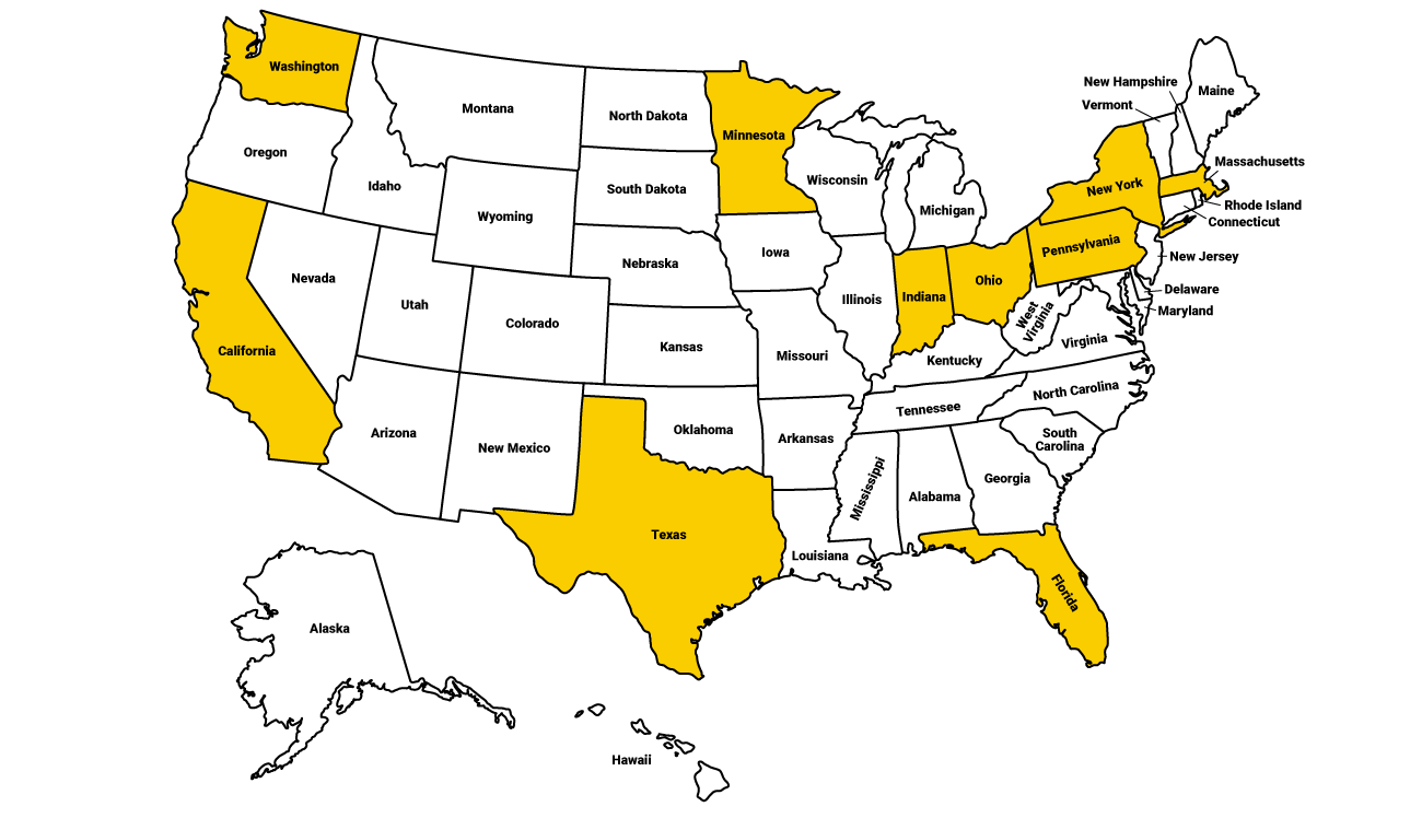u.s. map with certain states shaded gold