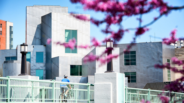 Cyclist on the pedestrian bridge during spring.