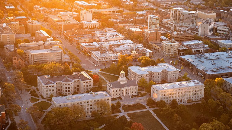 Aerial view of the Pentacrest at sunrise.