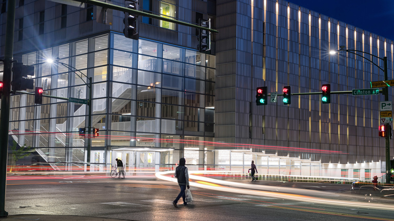 Voxman Music Building exterior at night.