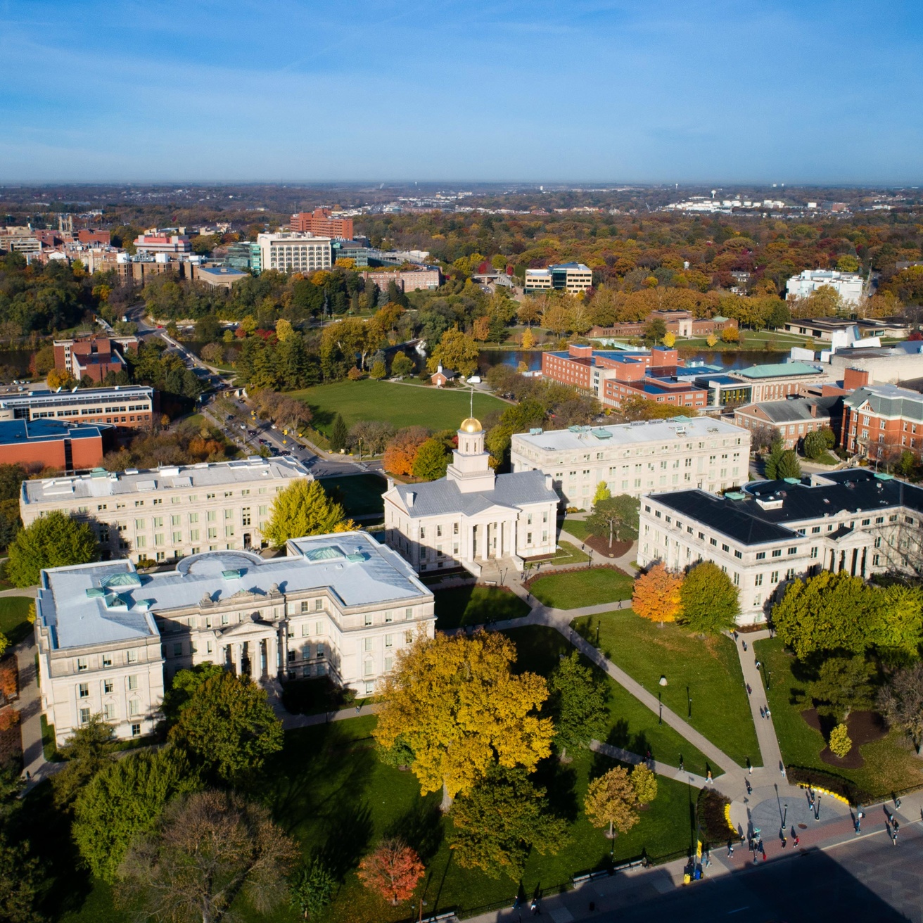 Aerial view of Pentacrest area on campus looking west.