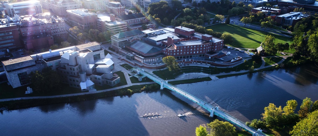 Aerial view of east campus with Iowa River.