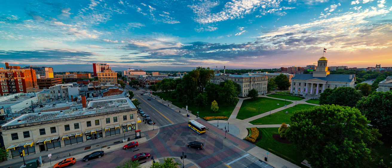 Overhead view of Pentacrest area and downtown Iowa City.