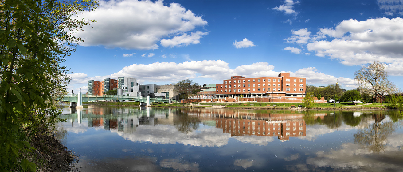 View across the Iowa River of the Iowa Memorial Union.