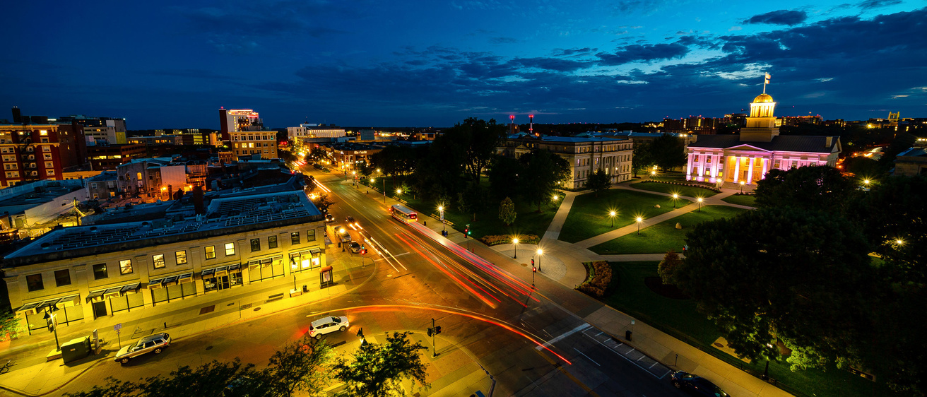 Rooftop view of Pentacrest looking west at sunset.