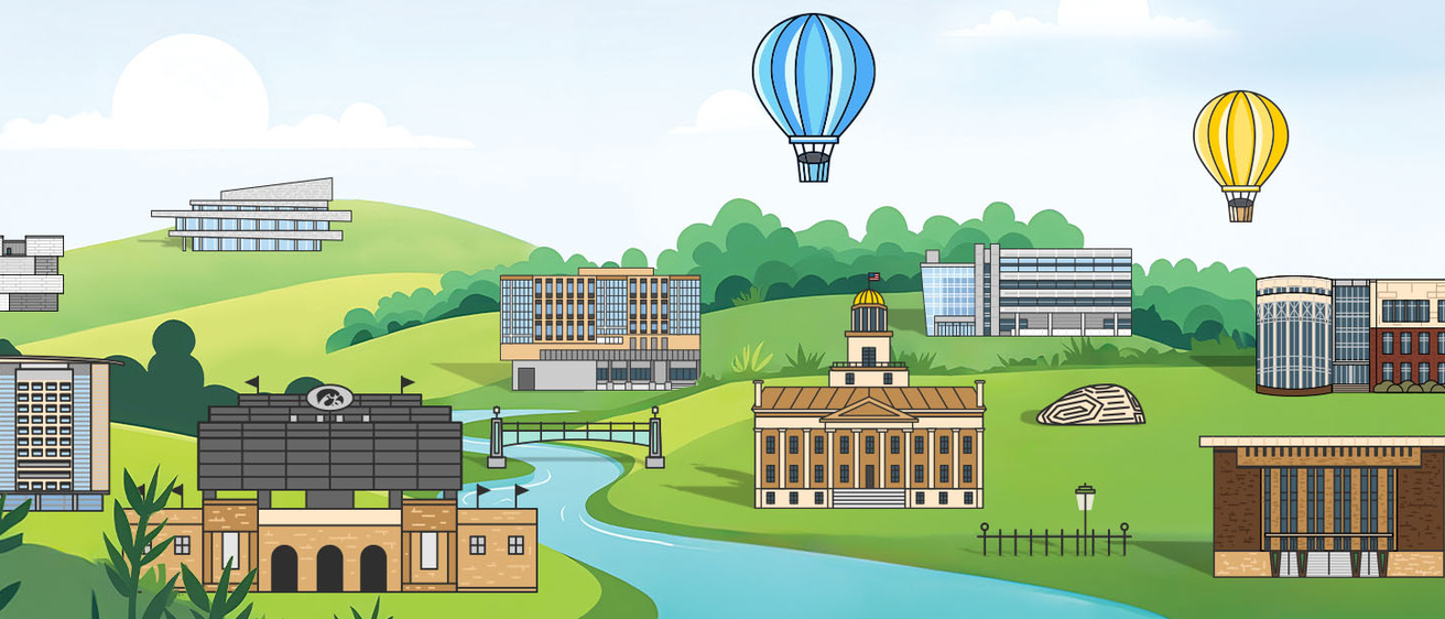 One Day for Iowa graphic image with a river and trees