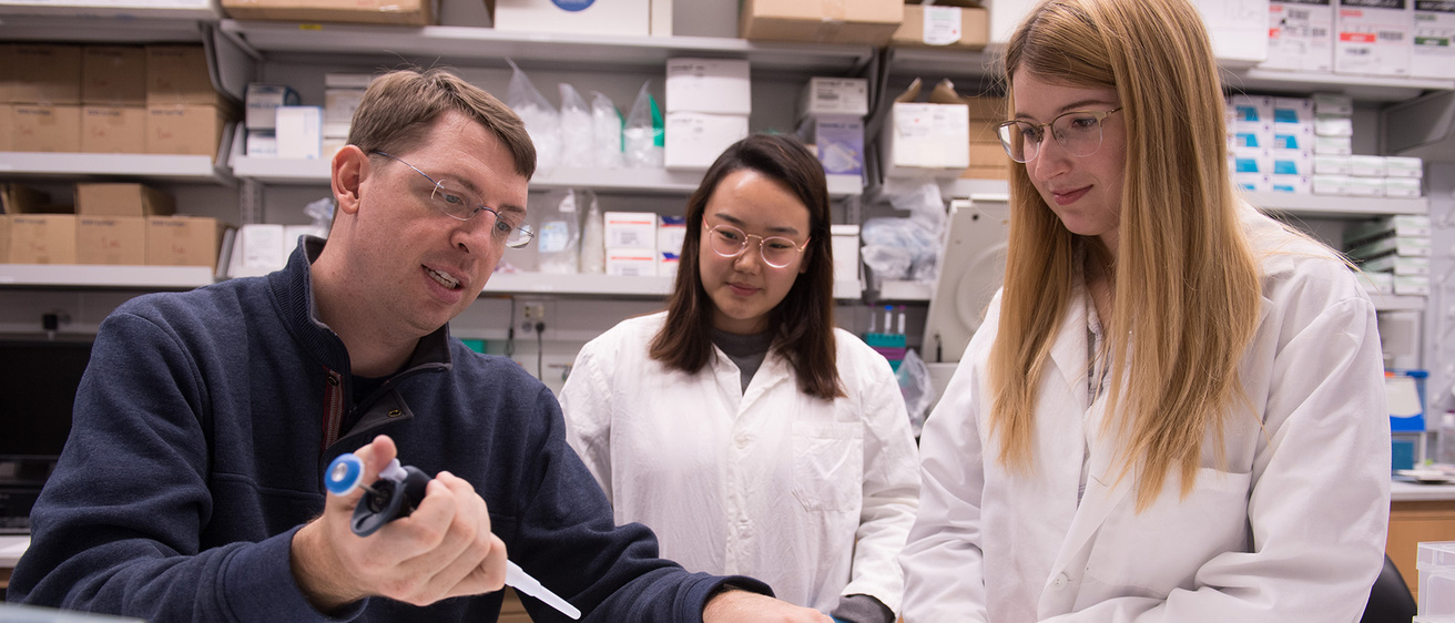a biomedical engineering professor works with two students in a lab setting