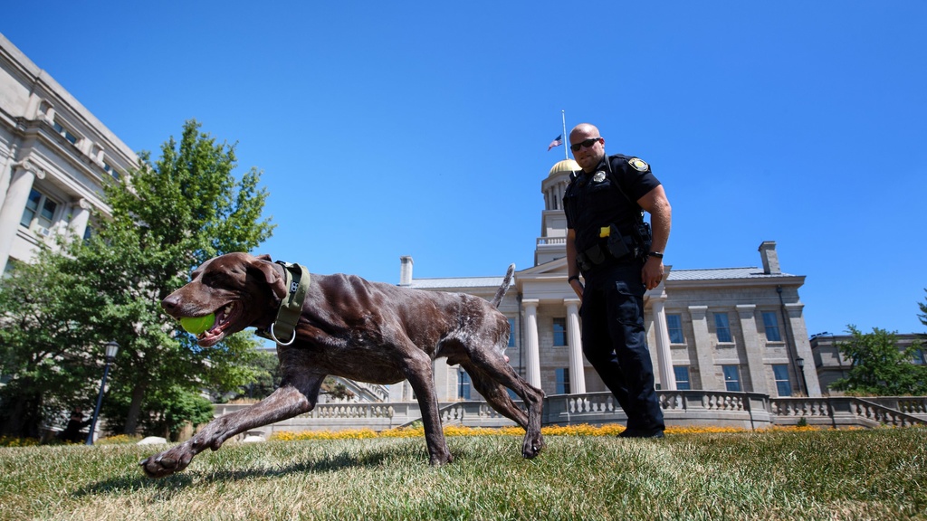 UIowa police officer K9 unit in front of Old Capitol
