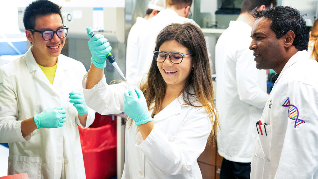 people in a lab for a biomedical engineering cell biology class