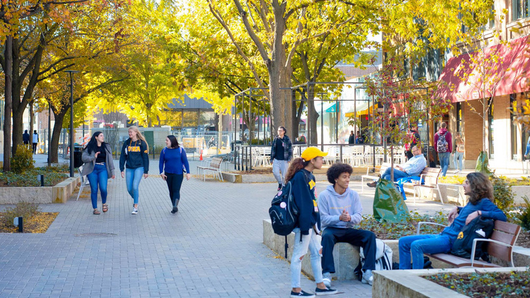 People congregating on the Red Mall in downtown Iowa City.