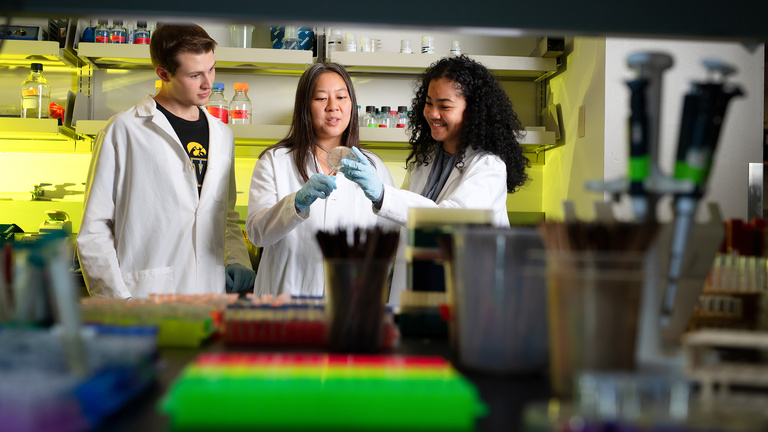 Iowa undergraduate students in a lab